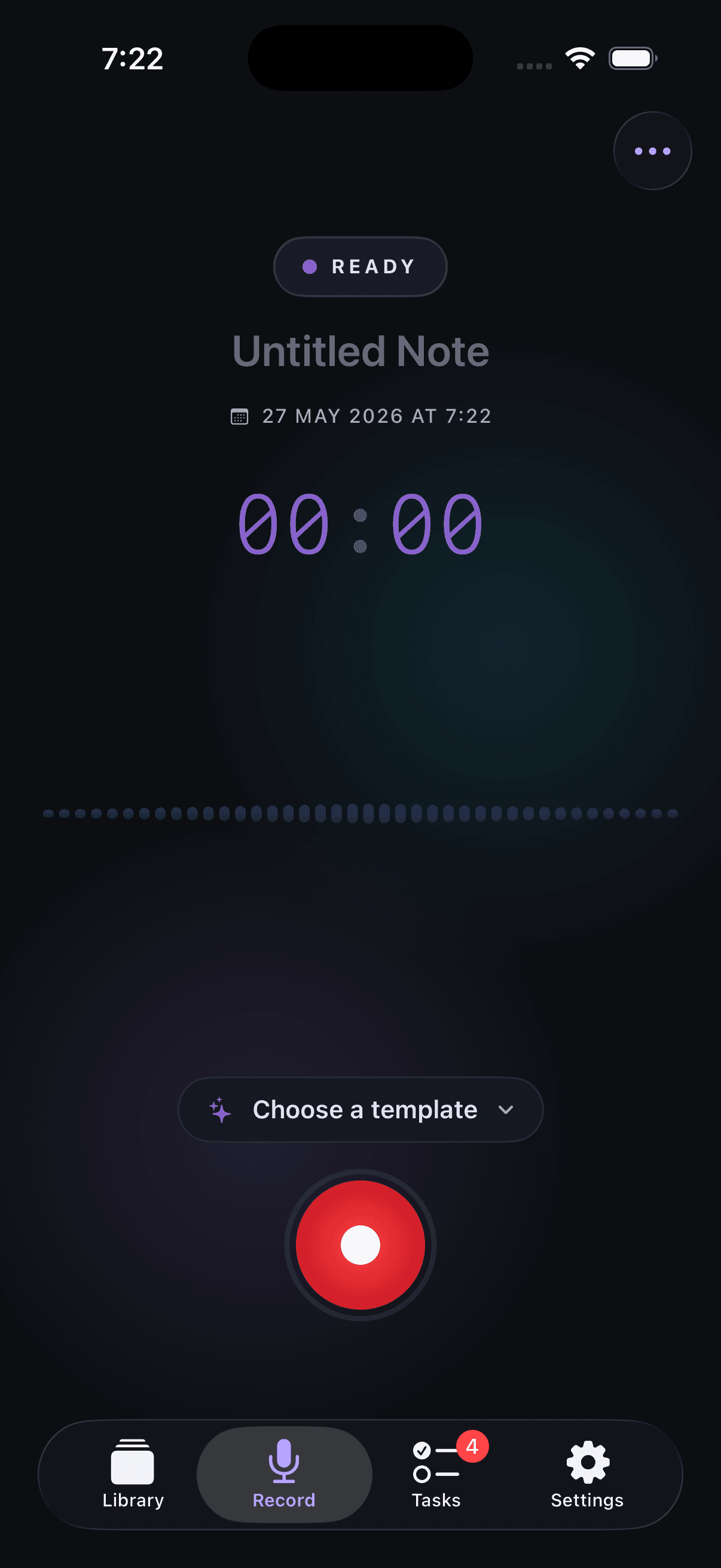 Memoth record screen in dark mode