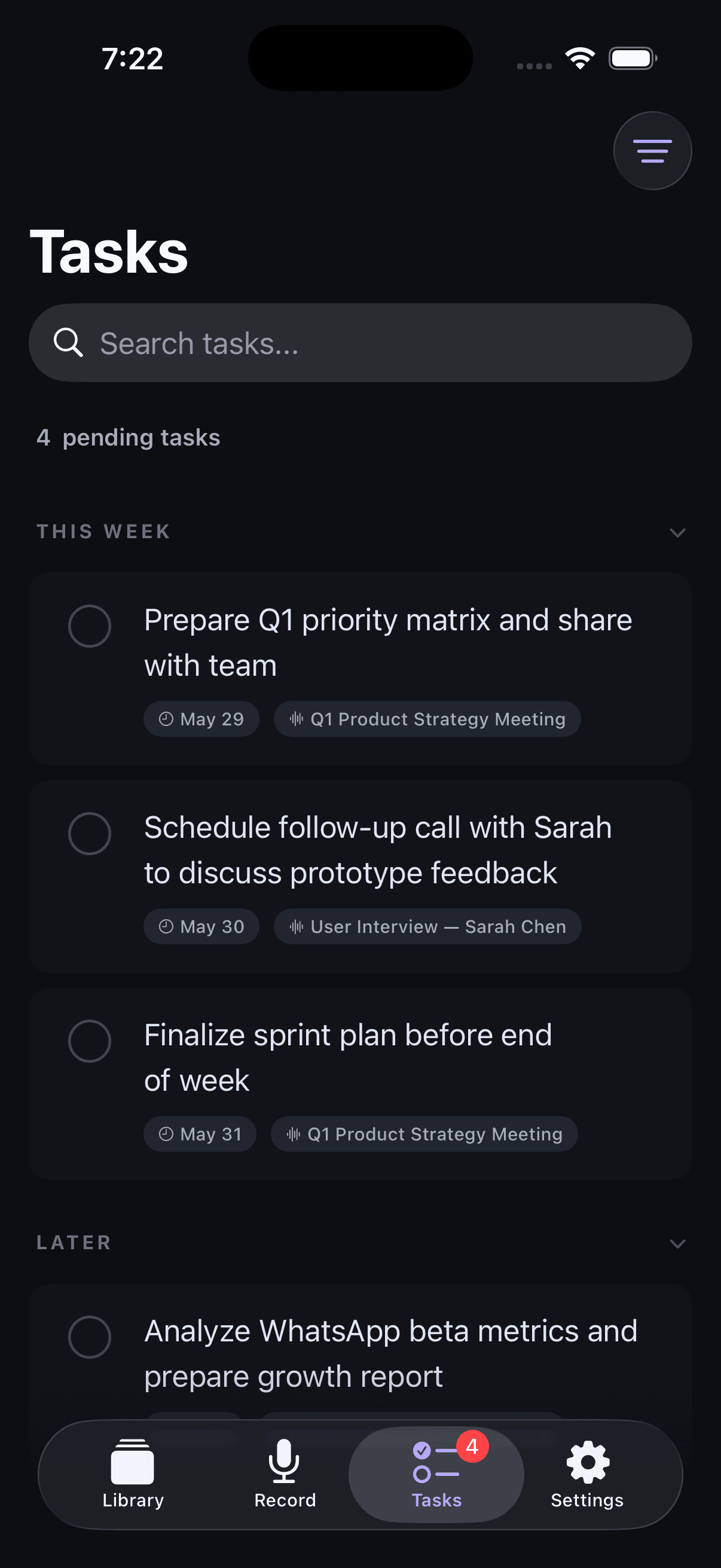 Memoth tasks screen in dark mode
