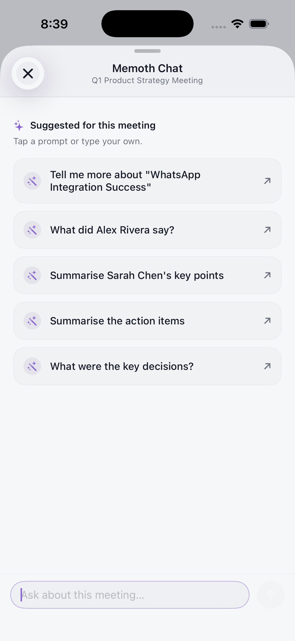 Memoth chat screen in light mode